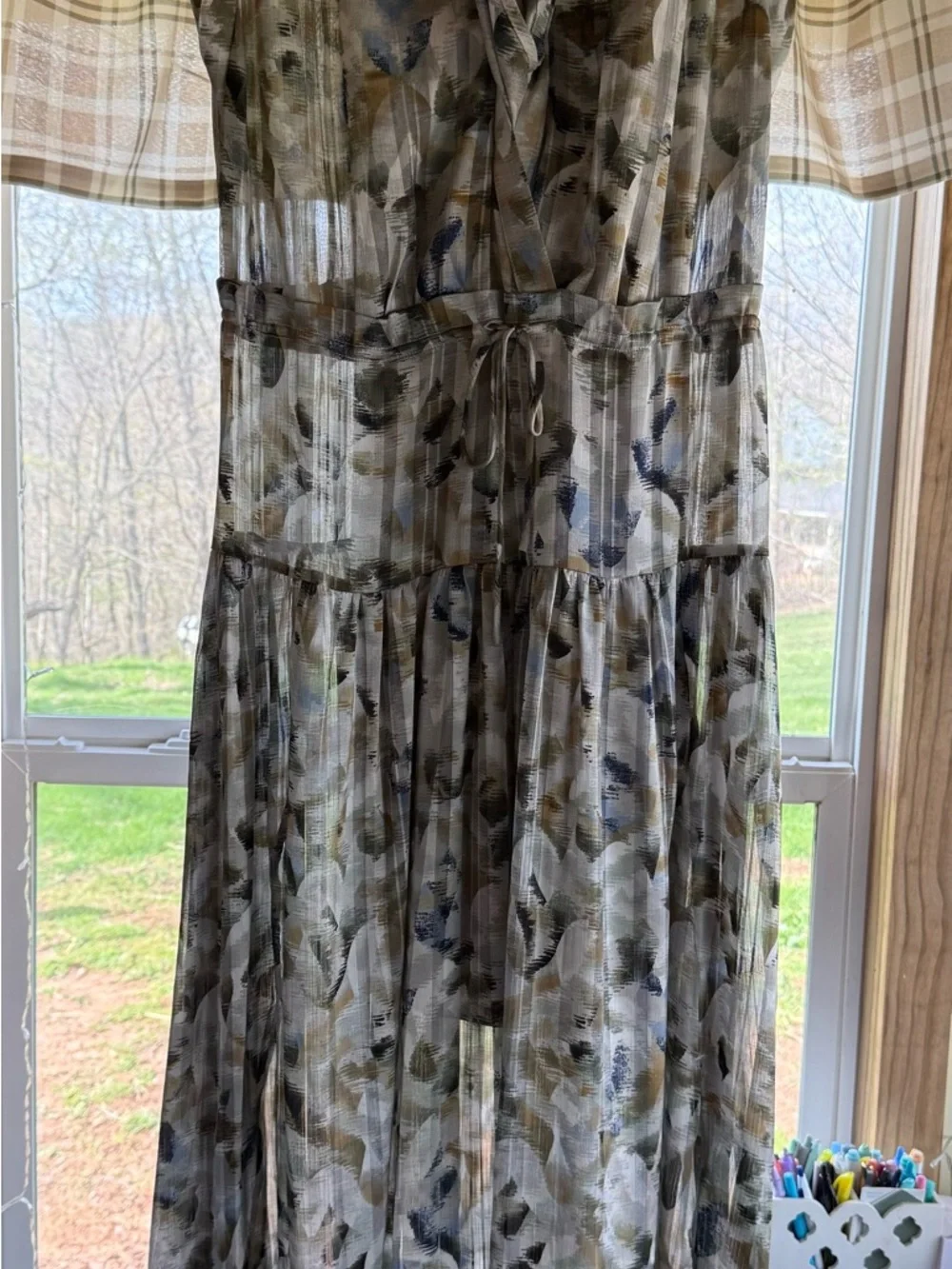 White House Black Market Cream Olive and Blue Leaf-Print Tiered Maxi Dress - Picture 2 of 3